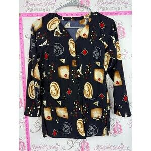 Vintage top Black Patterned Blazer Jacket with Gold & Red Accents navy